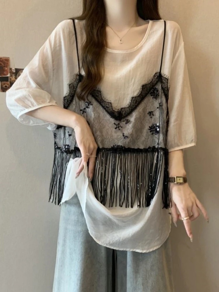 Slimming Mid-Length Short-Sleeve T-Shirt Women's Summer plus Size Lace Splice Fringe Top Korean Style Commute Creative Pattern
Slimming Mid-Length Short-Sleeve T-Shirt Women's Summer plus Size Lace Splice Fringe Top Korean Style Commute Creative Pattern