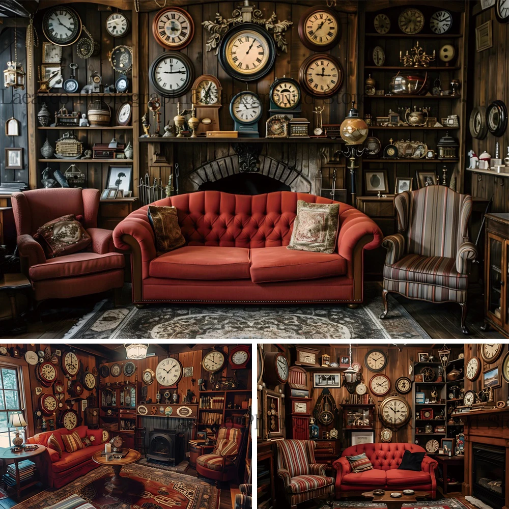 Vintage Clock Shop Background Red Sofa Fireplace Christmas Vintage Shop Wall Decoration Photography BackdropPhoto Studio Props
Vintage Clock Shop Background Red Sofa Fireplace Christmas Vintage Shop Wall Decoration Photography BackdropPhoto Studio Props