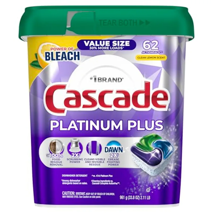 Cascade Platinum Plus Dishwasher Pods, Dish Detergent Soap, Clean Lemon Scent, 62 Count
Cascade Platinum Plus Dishwasher Pods, Dish Detergent Soap, Clean Lemon Scent, 62 Count