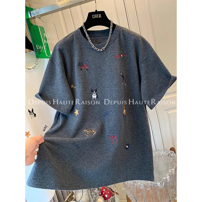 Summer Loose Casual O-neck Pure Cotton T-Shirt Women Fashion Cartoon Embroidery Vintage Short Sleeve Tops Office Lady Pullovers
Summer Loose Casual O-neck Pure Cotton T-Shirt Women Fashion Cartoon Embroidery Vintage Short Sleeve Tops Office Lady Pullovers
