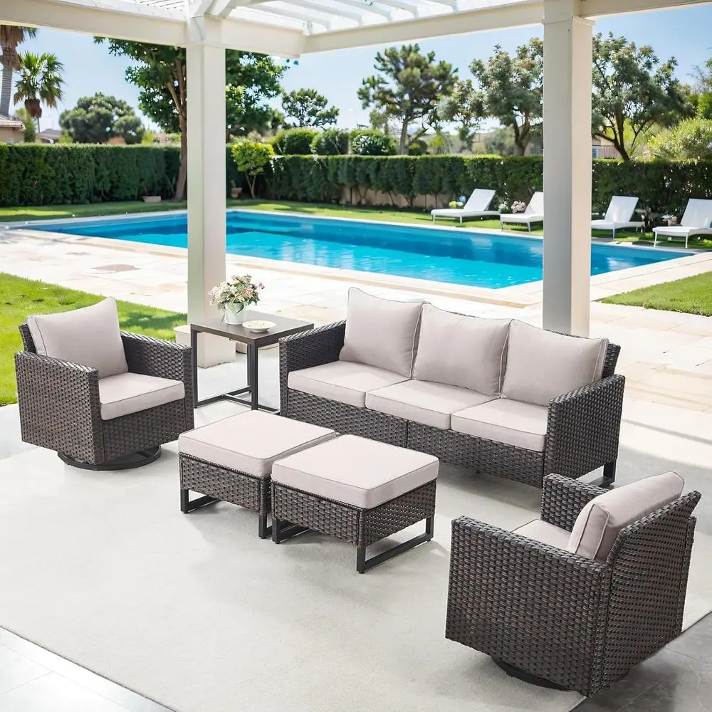 6-Piece Wicker Patio Furniture Set: Swivel Rocker Chairs, Side Table, 3-Seat Sofa, Ottomans - Brown/Beige
6-Piece Wicker Patio Furniture Set: Swivel Rocker Chairs, Side Table, 3-Seat Sofa, Ottomans - Brown/Beige