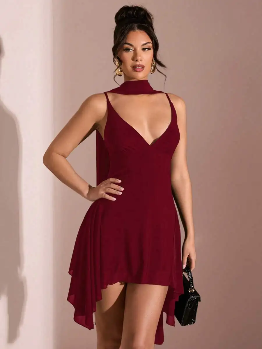 Elegant Solid Burgundy Deep V-Neck Sleeveless Mini Dress With High Low Hem
Elegant Solid Burgundy Deep V-Neck Sleeveless Mini Dress With High Low Hem
