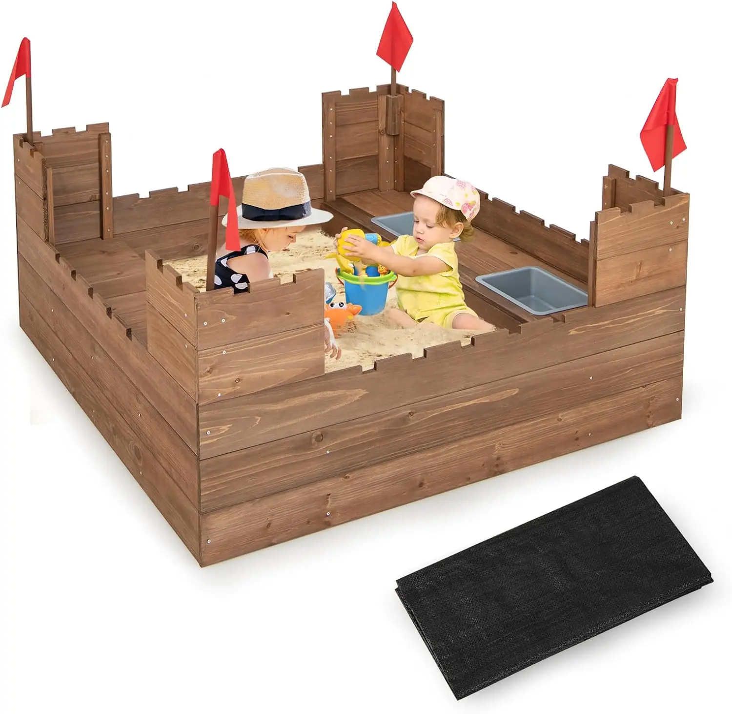 Kids Sandbox, Cedar Wood 45" x 45" Sand Pit w/Built-in Bench Seats, Storage Boxes, Flags & Protective Bottom Liner, Outdoor Sand
Kids Sandbox, Cedar Wood 45" x 45" Sand Pit w/Built-in Bench Seats, Storage Boxes, Flags & Protective Bottom Liner, Outdoor Sand