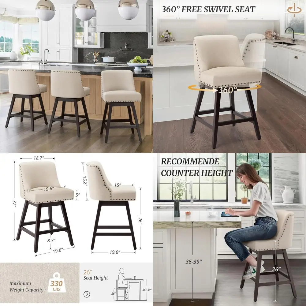 3-Piece Linen Swivel Bar Stool Set with Backrest, Fabric Upholstered Counter Height Stools on Solid Wood Legs
3-Piece Linen Swivel Bar Stool Set with Backrest, Fabric Upholstered Counter Height Stools on Solid Wood Legs
