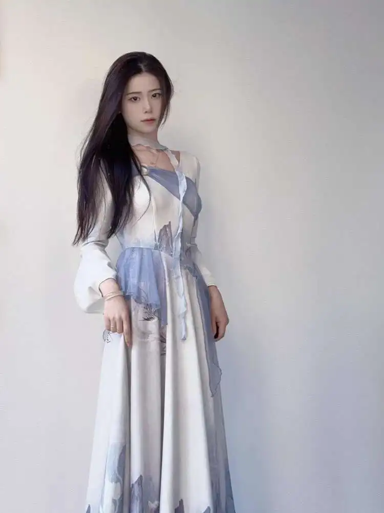 Новый китайский стиль Guofeng, нежное расширенное ощущение талии, тонкое летнее женское пляжное платье, элегантные платья, длинная юбка, китайская одежда
Новый китайский стиль Guofeng, нежное расширенное ощущение талии, тонкое летнее женское пляжное платье, элегантные платья, длинная юбка, китайская одежда