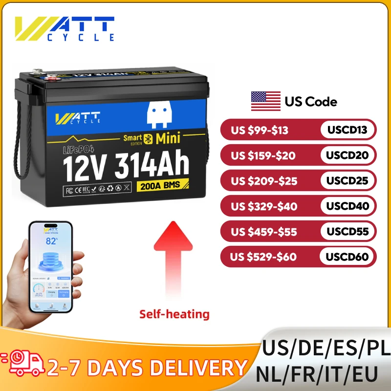 Wattcycle 12 В 314 Ач LiFePO4 аккумулятор 300 Ач с 200 А BMS 15000+ циклов для кемперов на колесах автономная рыбацкая лодка аккумулятор солнечной системы
Wattcycle 12 В 314 Ач LiFePO4 аккумулятор 300 Ач с 200 А BMS 15000+ циклов для кемперов на колесах автономная рыбацкая лодка аккумулятор солнечной системы