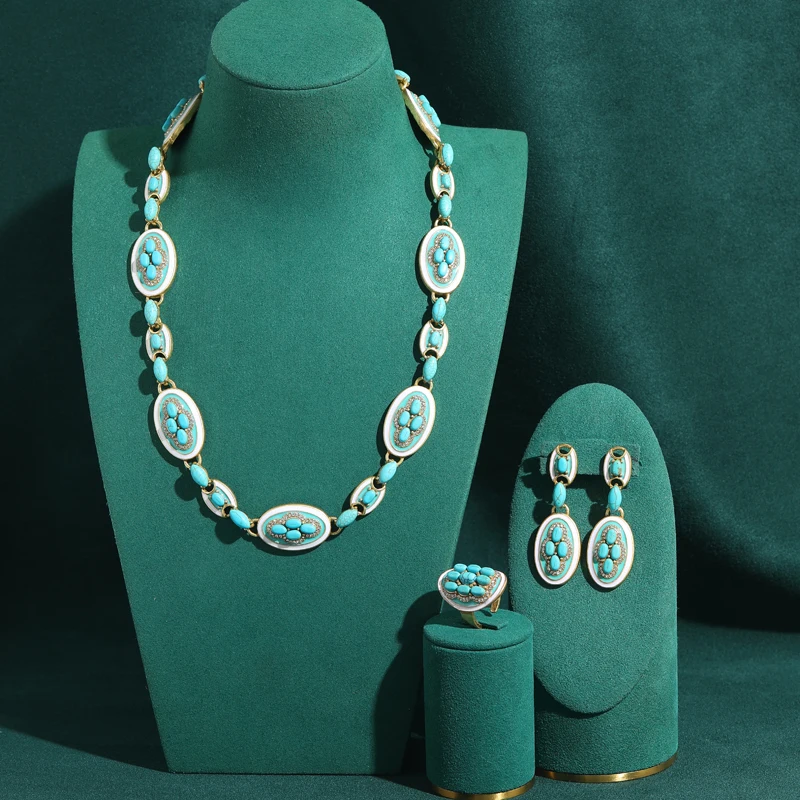 Vintage Turquoise Jewelry Necklace Earring Ring Set Woman Jewelry Luxury Antique Gold Plated High Quality Accessories Trends
Vintage Turquoise Jewelry Necklace Earring Ring Set Woman Jewelry Luxury Antique Gold Plated High Quality Accessories Trends