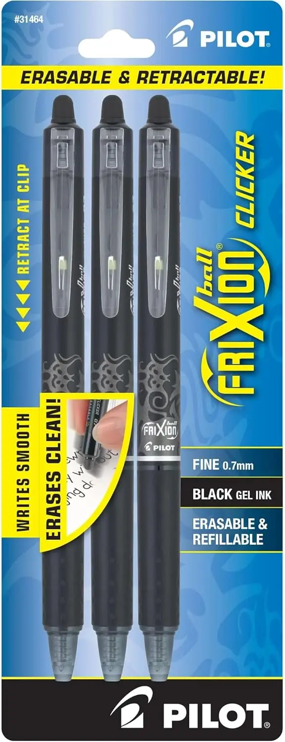 PILOT FriXion Clicker Erasable Pens, Refillable & Retractable Gel Ink Pens, Fine Point 0.7 mm, Black Ink, 3-Pack - Ideal for School, Journaling, & Office Writing
PILOT FriXion Clicker Erasable Pens, Refillable & Retractable Gel Ink Pens, Fine Point 0.7 mm, Black Ink, 3-Pack - Ideal for School, Journaling, & Office Writing