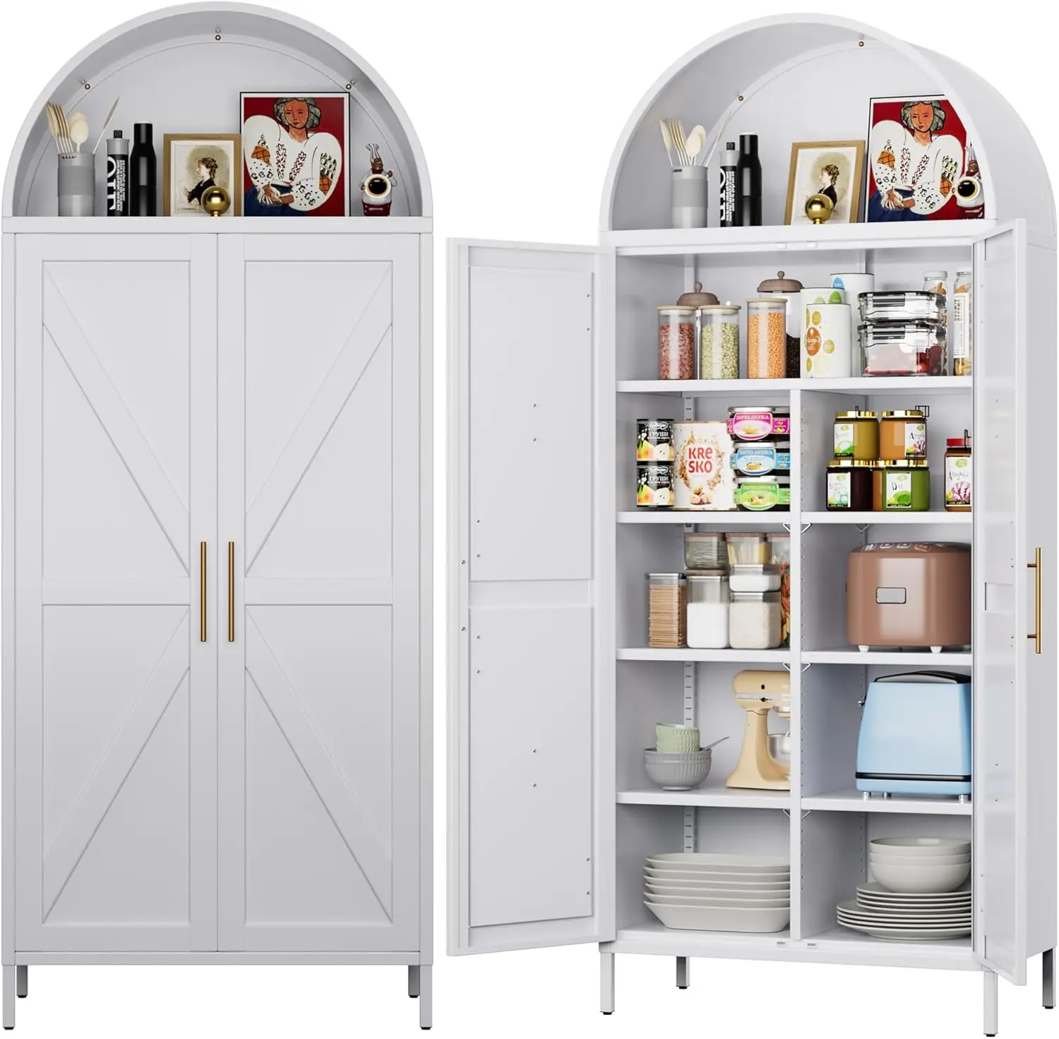 White Arched Metal Pantry Cabinet with 6 Adjustable Shelves for Kitchen Bedroom Living Room
White Arched Metal Pantry Cabinet with 6 Adjustable Shelves for Kitchen Bedroom Living Room