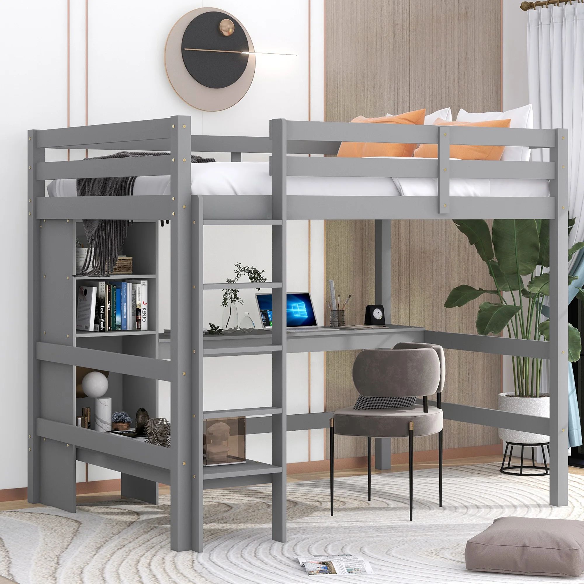 Full Size Loft Bed with Multifunction Shelves and Under-bed Desk, Gray 79.50x57x67.50 in.
Full Size Loft Bed with Multifunction Shelves and Under-bed Desk, Gray 79.50x57x67.50 in.
