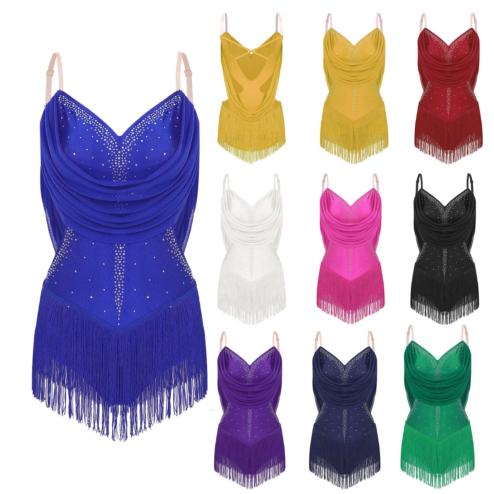 Women Latin Jazz Dance Leotard Dress Rhinestones Ruched Mesh Tassel Bodysuit for Cha-cha Samba Rumba Tango Gymnastics Skating
Women Latin Jazz Dance Leotard Dress Rhinestones Ruched Mesh Tassel Bodysuit for Cha-cha Samba Rumba Tango Gymnastics Skating