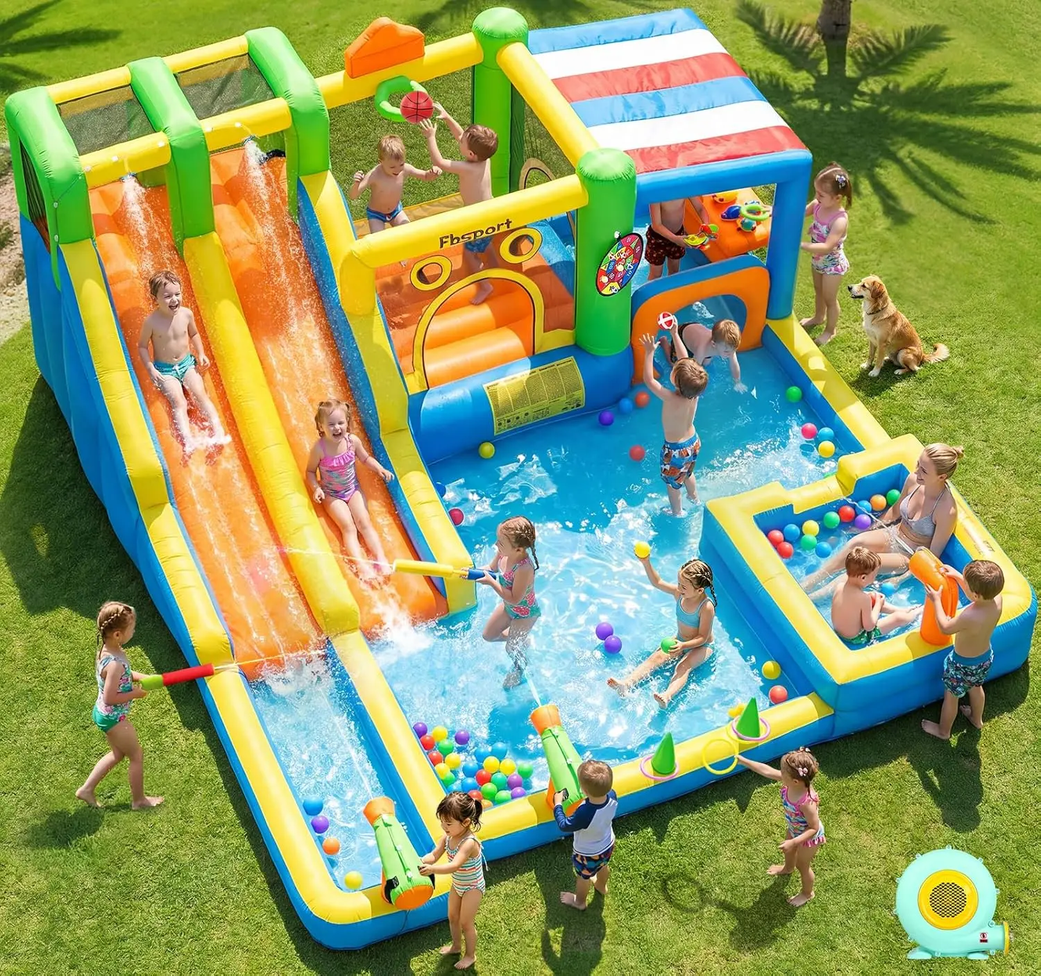 11-in-1 Inflatable Water Slide Park with Bouncy Castle, Double Water Slides, Splash Pool, Climbing Wall, and 680W Blower, for Indoor & Outdoor Backyard Fun
11-in-1 Inflatable Water Slide Park with Bouncy Castle, Double Water Slides, Splash Pool, Climbing Wall, and 680W Blower, for Indoor & Outdoor Backyard Fun