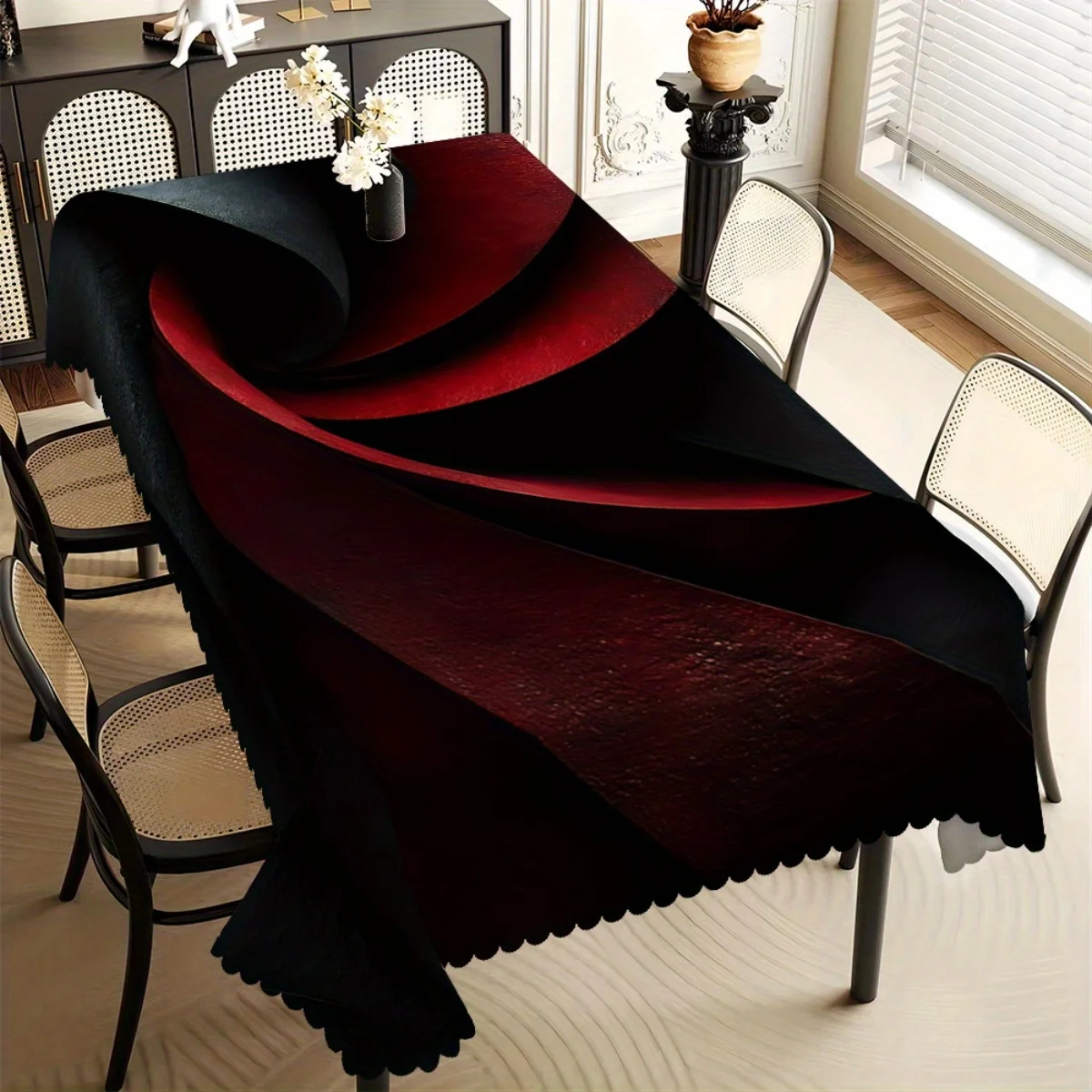 Modern Abstract Swirl Tablecloth, Black & Red Gradient Print, Scalloped Edge,Stain Resistant, for Dining Room & Moody Home Decor
Modern Abstract Swirl Tablecloth, Black & Red Gradient Print, Scalloped Edge,Stain Resistant, for Dining Room & Moody Home Decor