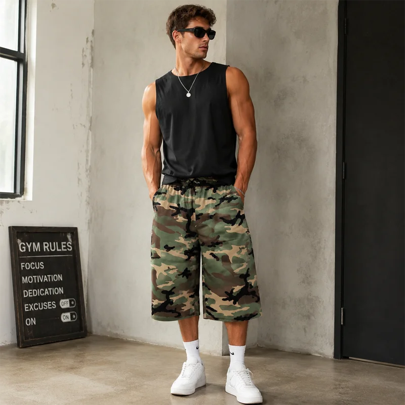 Men's wide leg camouflage knee cropped shorts, elastic waist, loose side pockets, gym, street wear, sports, summer jogging pants
Men's wide leg camouflage knee cropped shorts, elastic waist, loose side pockets, gym, street wear, sports, summer jogging pants