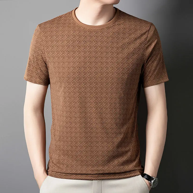 Ice Silk Jacquard T-shirt Men's Middle-aged Fashion Casual Plaid Round Neck Short-sleeved T-shirt Top
Ice Silk Jacquard T-shirt Men's Middle-aged Fashion Casual Plaid Round Neck Short-sleeved T-shirt Top