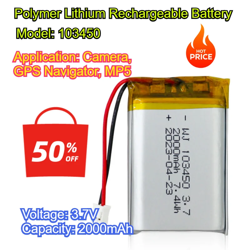 103450 3.7V 2000mAh For Camera GPS Navigator MP5 Bluetooth Headset Polymer Lithium Rechargeable Battery Jst PH 2.0mm 2pin Plug
103450 3.7V 2000mAh For Camera GPS Navigator MP5 Bluetooth Headset Polymer Lithium Rechargeable Battery Jst PH 2.0mm 2pin Plug