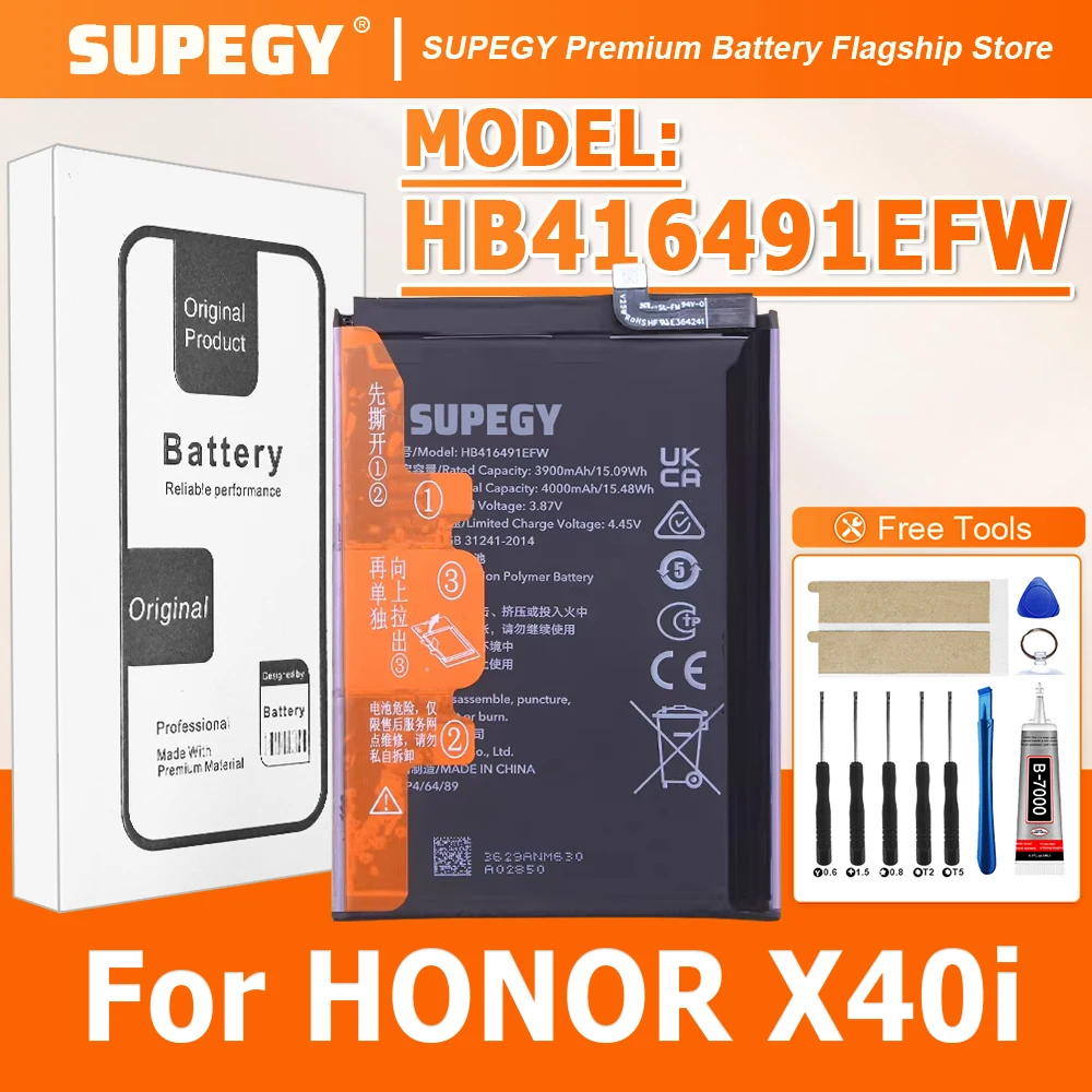 100% новая аккумуляторная батарея HB416491EFW высокой емкости для телефона HONOR X40I + бесплатные инструменты
100% новая аккумуляторная батарея HB416491EFW высокой емкости для телефона HONOR X40I + бесплатные инструменты