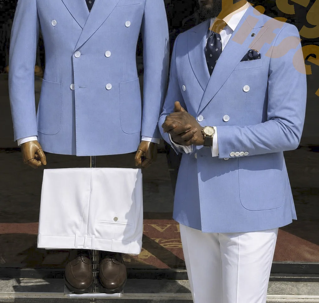 Light Blue Double Breasted Jacket White Pants Blazer Trousers Bespoke Men Suits Sets Wedding Groom Custom Male Outfits Clothing
Light Blue Double Breasted Jacket White Pants Blazer Trousers Bespoke Men Suits Sets Wedding Groom Custom Male Outfits Clothing
