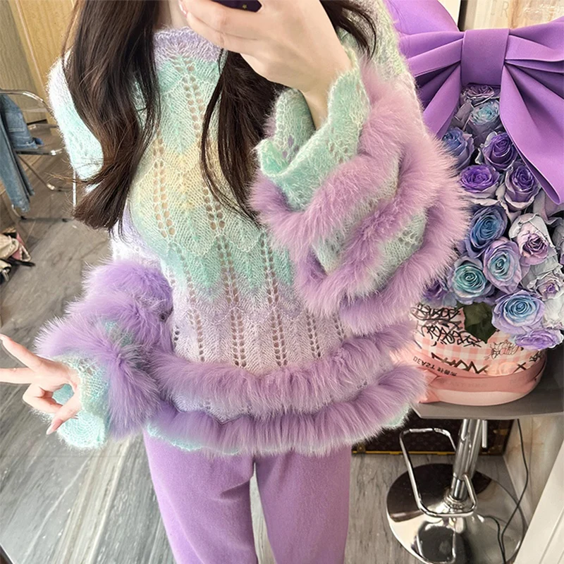 2023 Women Autumn Loose Knitted Pullover With Real Fox Fur Stripe Long Sleeve Casual O-neck Female Pull Jumper Outerwear
2023 Women Autumn Loose Knitted Pullover With Real Fox Fur Stripe Long Sleeve Casual O-neck Female Pull Jumper Outerwear