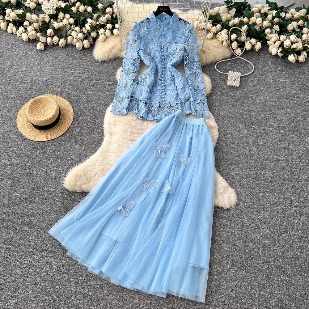 Retro Butterfly Embroidery Hollow Out Women 2Pcs Lace Outfits Autumn Runway Long Sleeve Shirt + A Line Mesh Maxi Skirt Sets
Retro Butterfly Embroidery Hollow Out Women 2Pcs Lace Outfits Autumn Runway Long Sleeve Shirt + A Line Mesh Maxi Skirt Sets