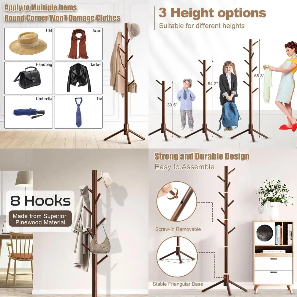 8-Hook Freestanding Wooden Coat Rack, Adjustable Tree Stand for Hats, Coats, Scarves, Bags - Ideal for Home or Office (Brown)
8-Hook Freestanding Wooden Coat Rack, Adjustable Tree Stand for Hats, Coats, Scarves, Bags - Ideal for Home or Office (Brown)