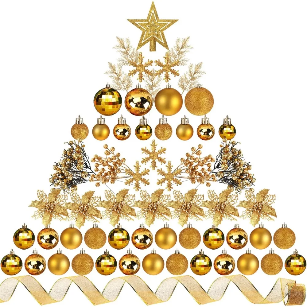 94-Piece Gold Christmas Tree Decorations Set with Glitter Ornaments, Berries, Flowers for Holiday Wedding
94-Piece Gold Christmas Tree Decorations Set with Glitter Ornaments, Berries, Flowers for Holiday Wedding