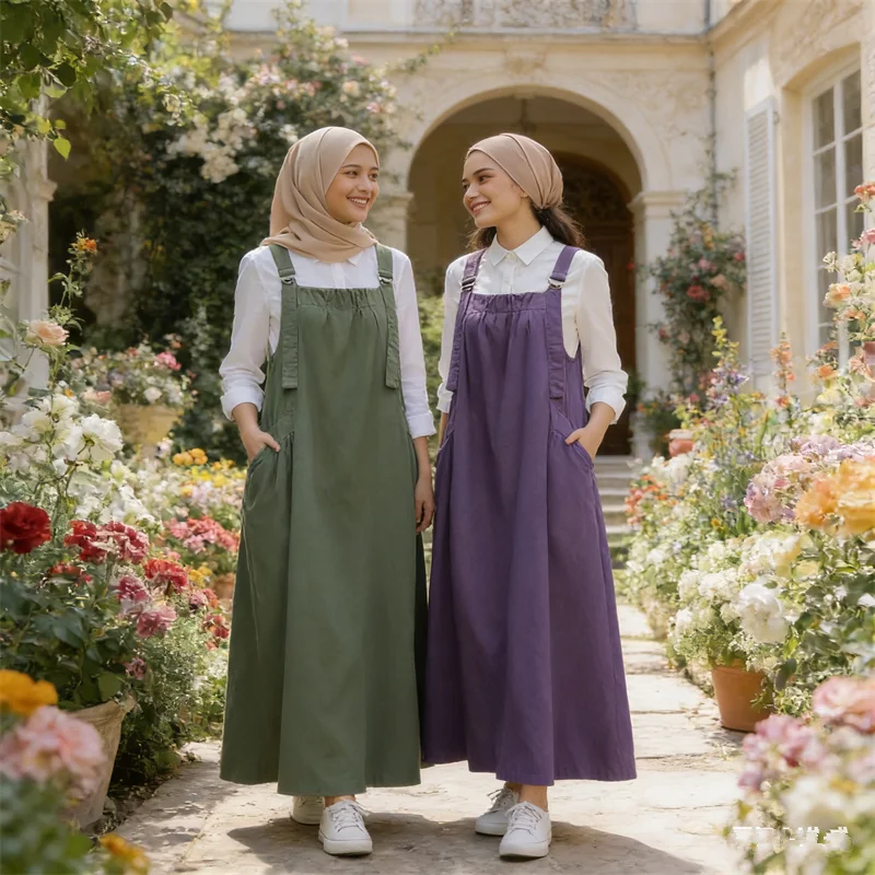 Spring Fashion Muslim Women Overalls Solid Color Simple Pockets Casual Female Dresses Suspender Dress Muslim Dubai Abaya Kaftan
Spring Fashion Muslim Women Overalls Solid Color Simple Pockets Casual Female Dresses Suspender Dress Muslim Dubai Abaya Kaftan