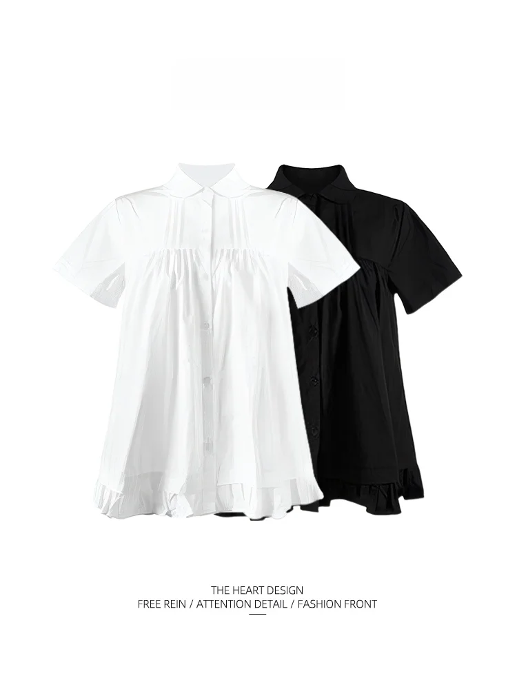 Sweet Doll Collar Pleated Short Sleeve Shirt Women's Spring Summer Ruffle Splice Slimming Top Commute Style Straight Cut Button
Sweet Doll Collar Pleated Short Sleeve Shirt Women's Spring Summer Ruffle Splice Slimming Top Commute Style Straight Cut Button