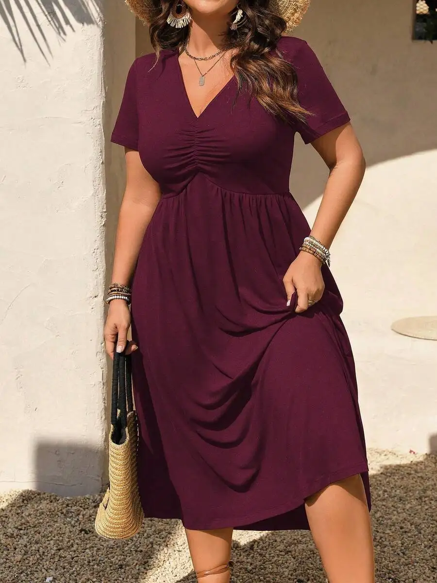 Burgundy Short Sleeve V-Neck Flared Hem Midi Dress Casual Style
Burgundy Short Sleeve V-Neck Flared Hem Midi Dress Casual Style