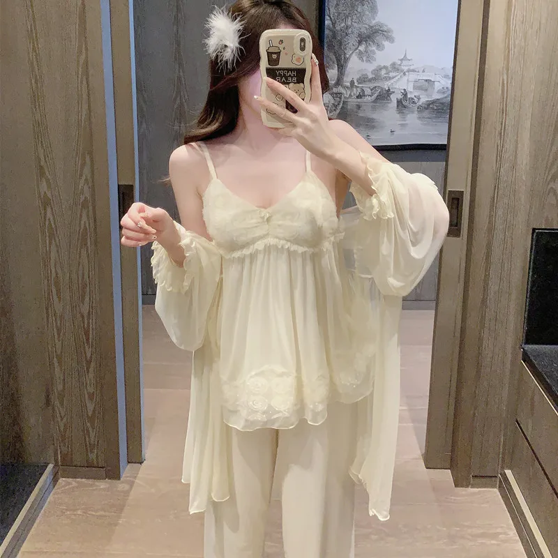 Sexy 3Pcs Sleep Suit Solid Color Cami&pant Pajamas Women Spring Nightwear Ruffles Sleepwear Cardigan Pyjamas Loungewear
Sexy 3Pcs Sleep Suit Solid Color Cami&pant Pajamas Women Spring Nightwear Ruffles Sleepwear Cardigan Pyjamas Loungewear