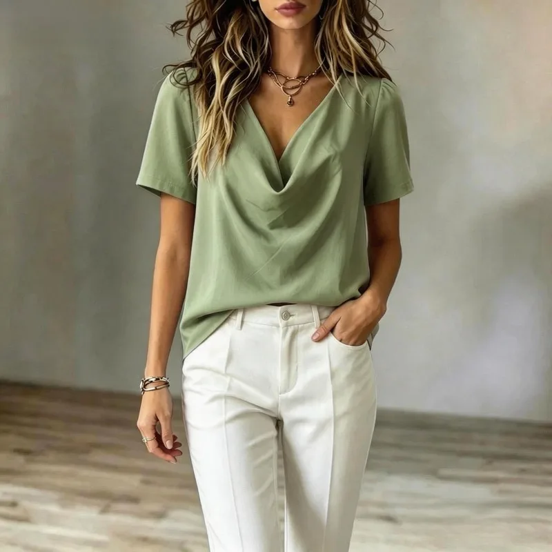 Women Elegant Draped Cowl Neck Short‑Sleeve Blouse Solid Loose Office Casual 2026 Summer V‑Neck Shirt Daily Wear Top Chiffon
Women Elegant Draped Cowl Neck Short‑Sleeve Blouse Solid Loose Office Casual 2026 Summer V‑Neck Shirt Daily Wear Top Chiffon