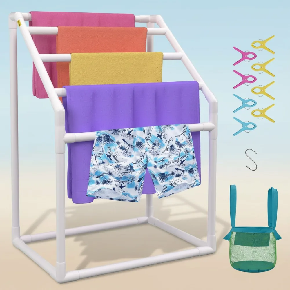 5-Bar Freestanding Outdoor Pool Towel Rack with 8 Clips & Mesh Bag, White PVC Storage Organizer for Beach & Swimming Pool
5-Bar Freestanding Outdoor Pool Towel Rack with 8 Clips & Mesh Bag, White PVC Storage Organizer for Beach & Swimming Pool
