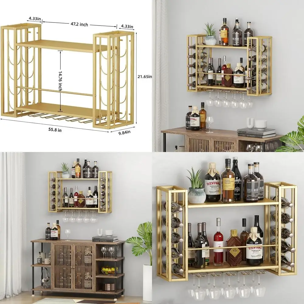 Gold 2-Tier Wall-Mounted Wine & Glass Rack, 55W x 9.8D x 21.65H, Storage for Home, Restaurant, Bar
Gold 2-Tier Wall-Mounted Wine & Glass Rack, 55W x 9.8D x 21.65H, Storage for Home, Restaurant, Bar