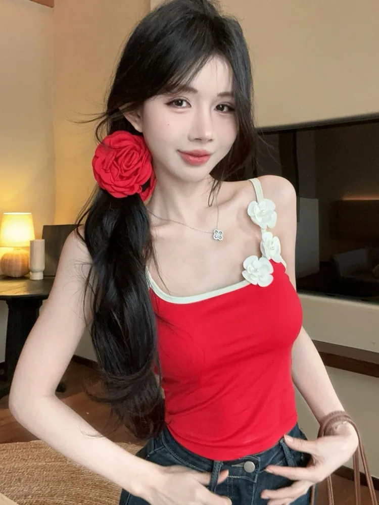 Sweet And Spicy Girl 3D Flower Strap Vest Women's Short Sleeveless Top Slimming Sexy Versatile Korean Style Commute Fashion
Sweet And Spicy Girl 3D Flower Strap Vest Women's Short Sleeveless Top Slimming Sexy Versatile Korean Style Commute Fashion