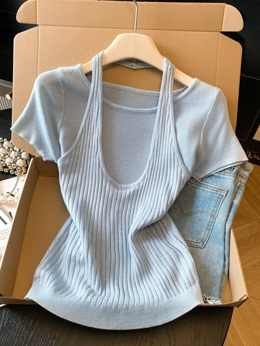 Summer Thin Short Sleeve Knitted Top Women's Unique Design Pastel Blue Casual Wear Commute Style round Neck Inner Wear
Summer Thin Short Sleeve Knitted Top Women's Unique Design Pastel Blue Casual Wear Commute Style round Neck Inner Wear