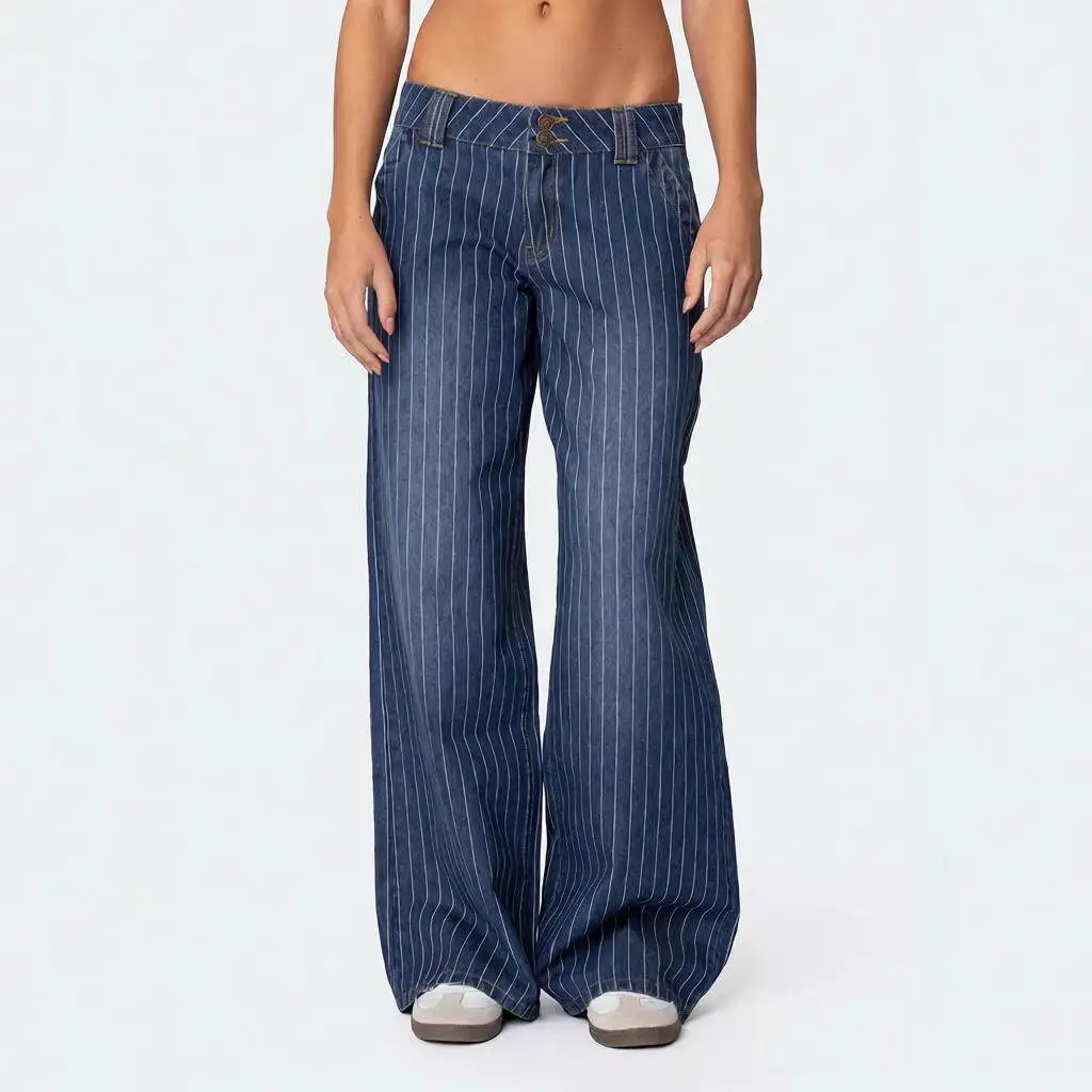 Blue Washed Casual Wide Leg Denim Jeans Women's High Waist Straight Stripe Trousers Vertical Pattern Loose Fit Long Pants
Blue Washed Casual Wide Leg Denim Jeans Women's High Waist Straight Stripe Trousers Vertical Pattern Loose Fit Long Pants