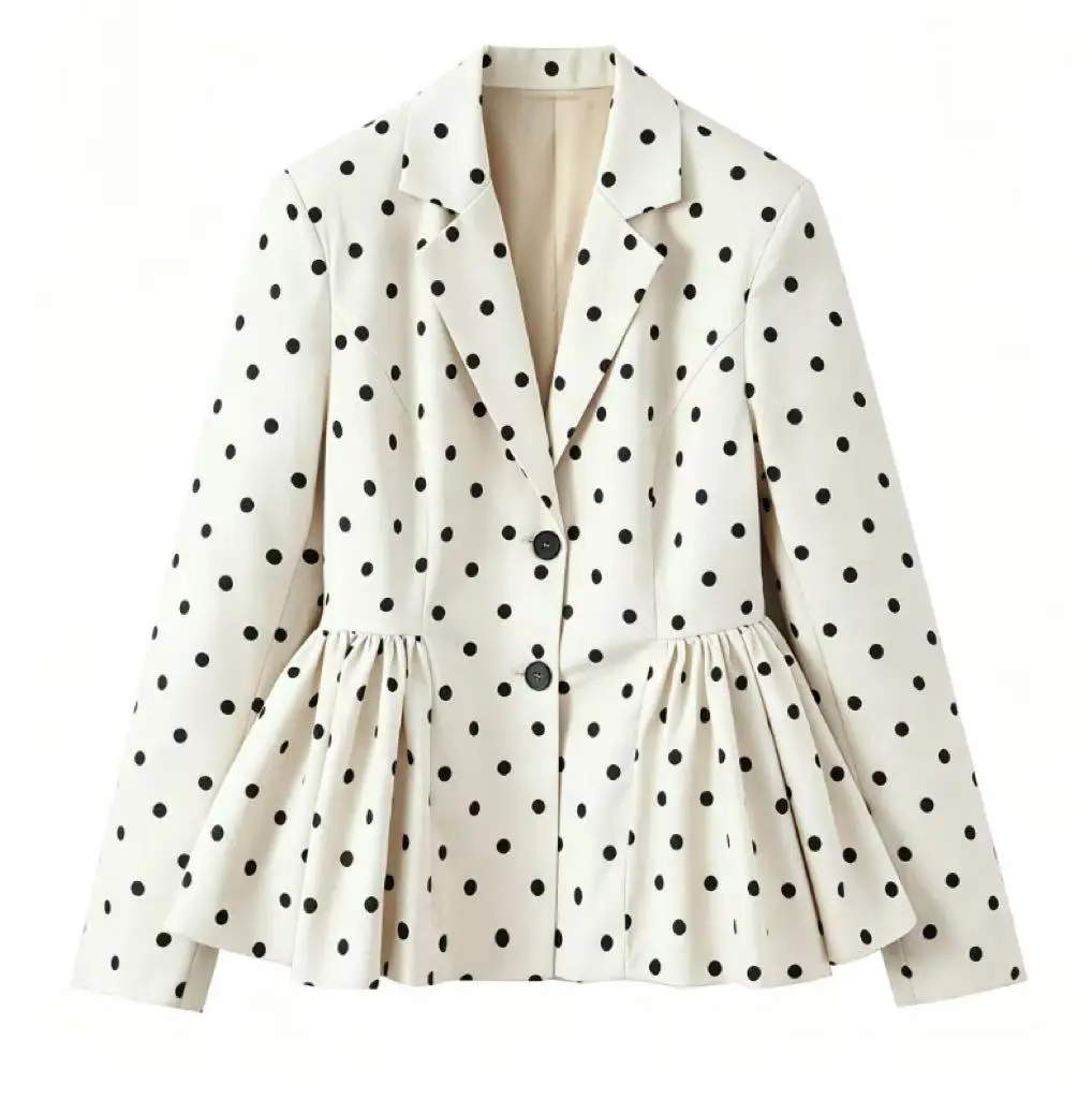 Cream Black Polka Dot Blazer Notched Lapel Two Button Long Sleeve Ruffle Peplum Hem Slim Waist Casual Fashion Suit Jacket 260602
Cream Black Polka Dot Blazer Notched Lapel Two Button Long Sleeve Ruffle Peplum Hem Slim Waist Casual Fashion Suit Jacket 260602