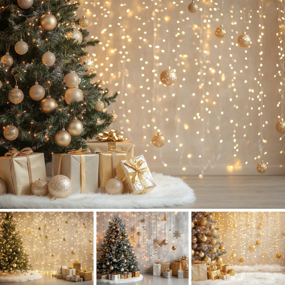 Christmas Photo Backdrop Golden Xmas Tree Gift Box Bokeh Fairy Lights White Fur Carpet Background Cloth for Family Decor Prop
Christmas Photo Backdrop Golden Xmas Tree Gift Box Bokeh Fairy Lights White Fur Carpet Background Cloth for Family Decor Prop