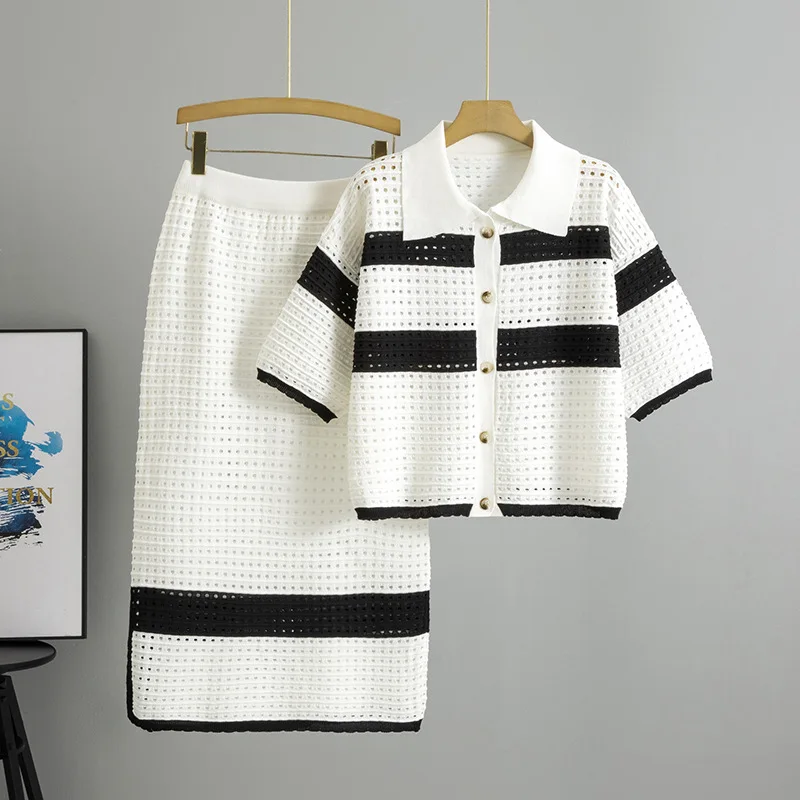 Fashion Lapel Neck Knit Loose Top+Long Skirt Sets Knitted Casual Two Pieces Sets 2025 New in Summer Hollow Out Beach Suits
Fashion Lapel Neck Knit Loose Top+Long Skirt Sets Knitted Casual Two Pieces Sets 2025 New in Summer Hollow Out Beach Suits