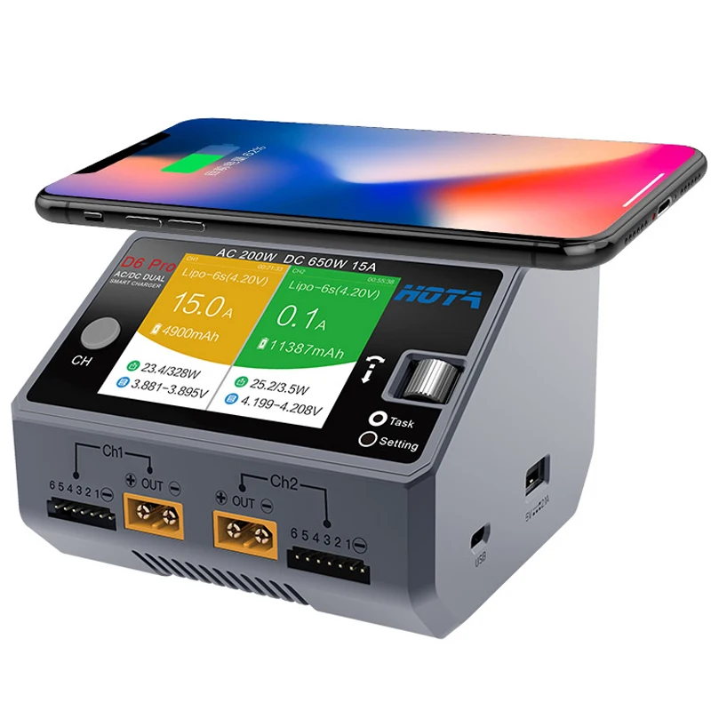 HOTA D6 Duo Pro Battery Charger iPhone Samsung w/Wireless Cellphone Charging, Support AC 200W/DC 650W Input for Lipo LiIon NiMH
HOTA D6 Duo Pro Battery Charger iPhone Samsung w/Wireless Cellphone Charging, Support AC 200W/DC 650W Input for Lipo LiIon NiMH