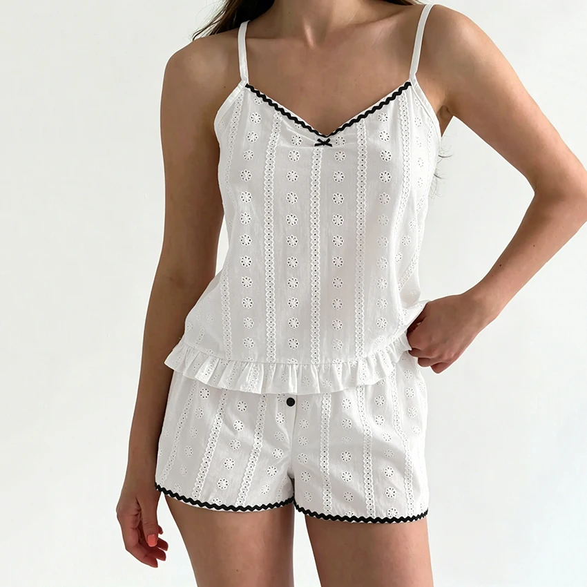 Hiloc Summer Casual Lace Camisole Suits Pajamas Home Spaghetti Strap Vest And Elastic Waist Shorts 2 Piece Sets Cotton Sleepwear
Hiloc Summer Casual Lace Camisole Suits Pajamas Home Spaghetti Strap Vest And Elastic Waist Shorts 2 Piece Sets Cotton Sleepwear