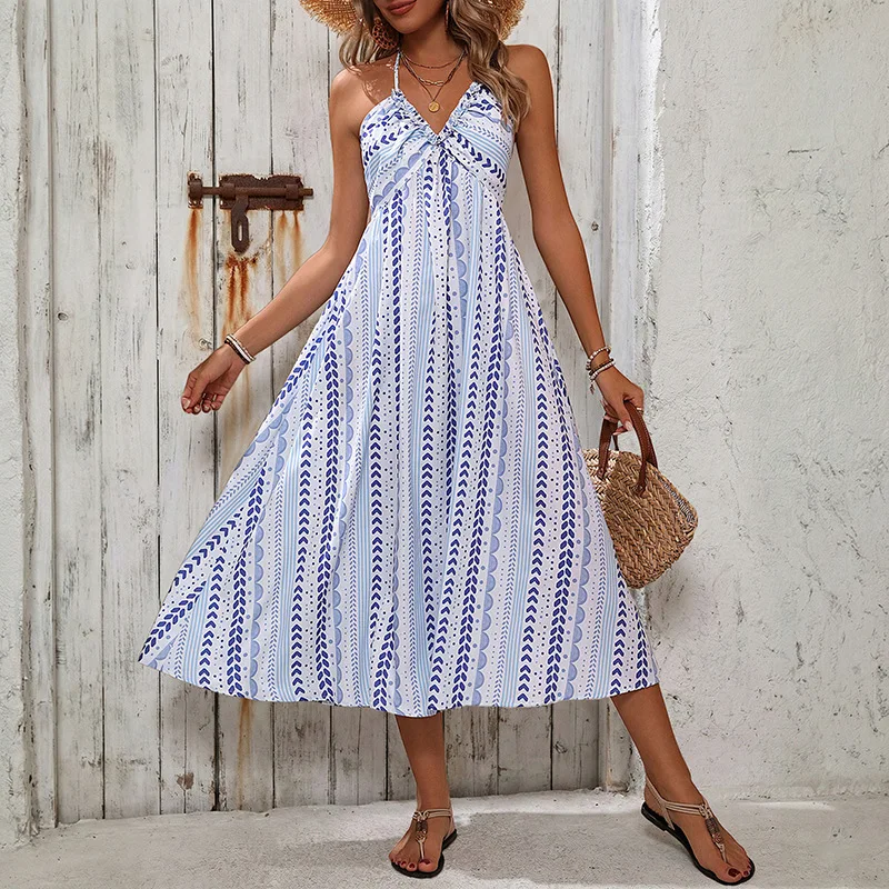 2026 Women's Stripe Print Halter Neck Tie Back Sleeveless V Neck Twist Front Comfortable Casual Trendy Commuter Flowy Midi Dress
2026 Women's Stripe Print Halter Neck Tie Back Sleeveless V Neck Twist Front Comfortable Casual Trendy Commuter Flowy Midi Dress