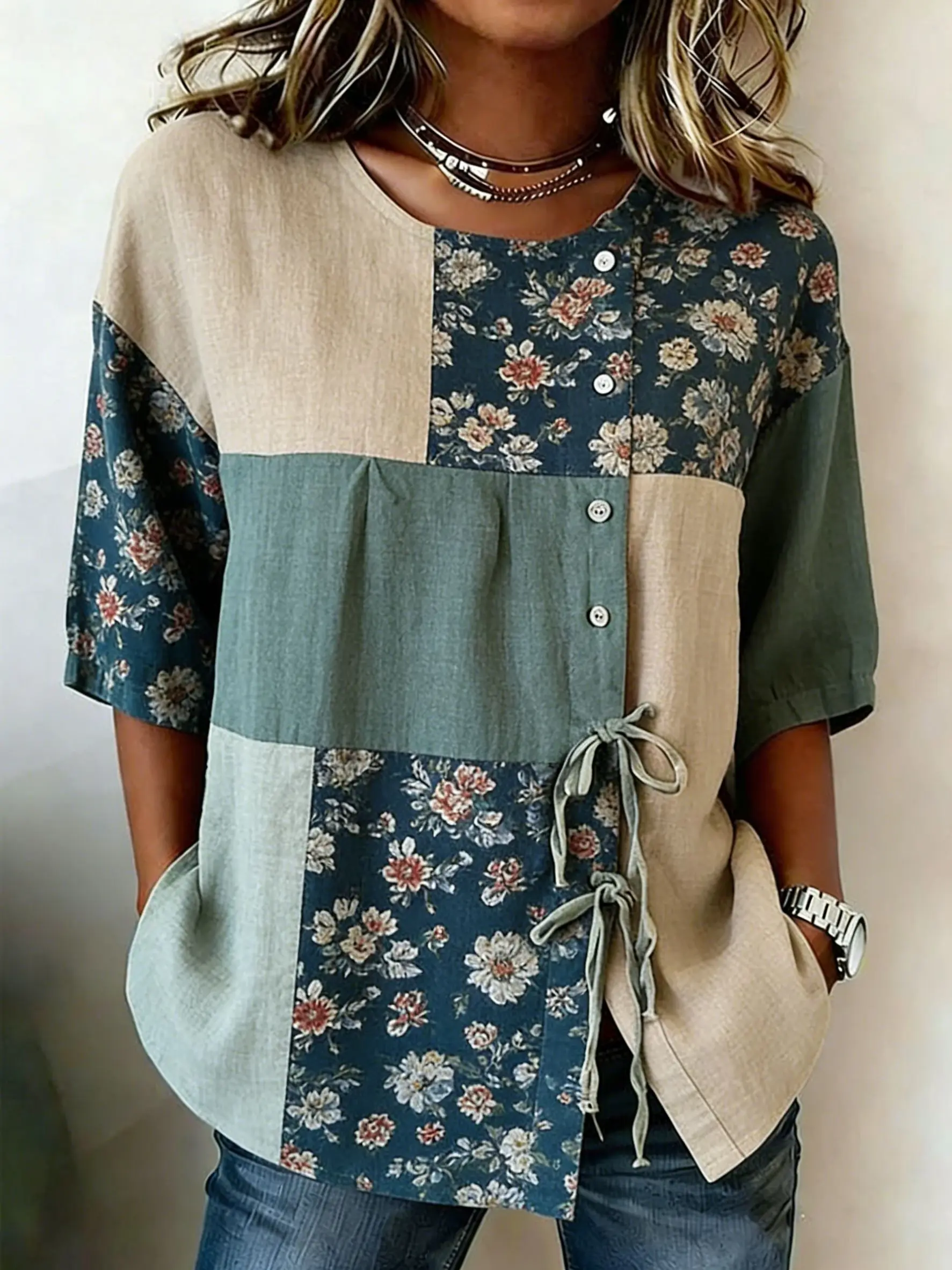 Women's Teal Floral Patchwork Drawstring Button Up Blouse, Casual Round Neck Tops for Spring Summer Daily Vacation Wear
Women's Teal Floral Patchwork Drawstring Button Up Blouse, Casual Round Neck Tops for Spring Summer Daily Vacation Wear