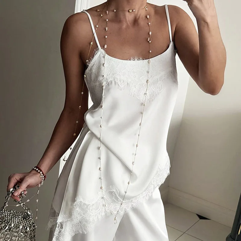 Women Spring Spliced Lace Satin 2pcs Sets Sexy Crew Neck Vest Top & Long Pants Homewear Suit New Summer Sleeveless Straps Outfit
Women Spring Spliced Lace Satin 2pcs Sets Sexy Crew Neck Vest Top & Long Pants Homewear Suit New Summer Sleeveless Straps Outfit