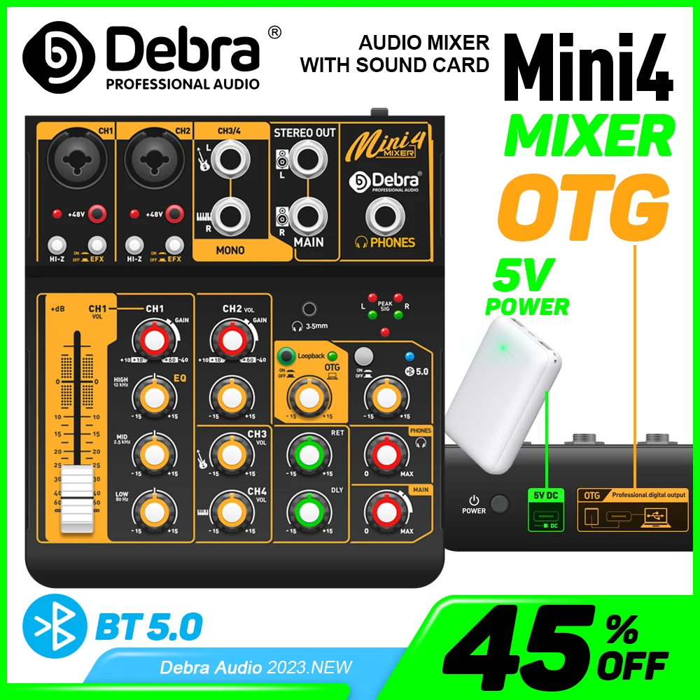 Металлический интерфейс аудио микшера Debra Mini4, DJ-консоль, Bluetooth 5,0, OTG, реверберация, 48 В, звуковая карта для прямой трансляции, записи на ПК
Металлический интерфейс аудио микшера Debra Mini4, DJ-консоль, Bluetooth 5,0, OTG, реверберация, 48 В, звуковая карта для прямой трансляции, записи на ПК