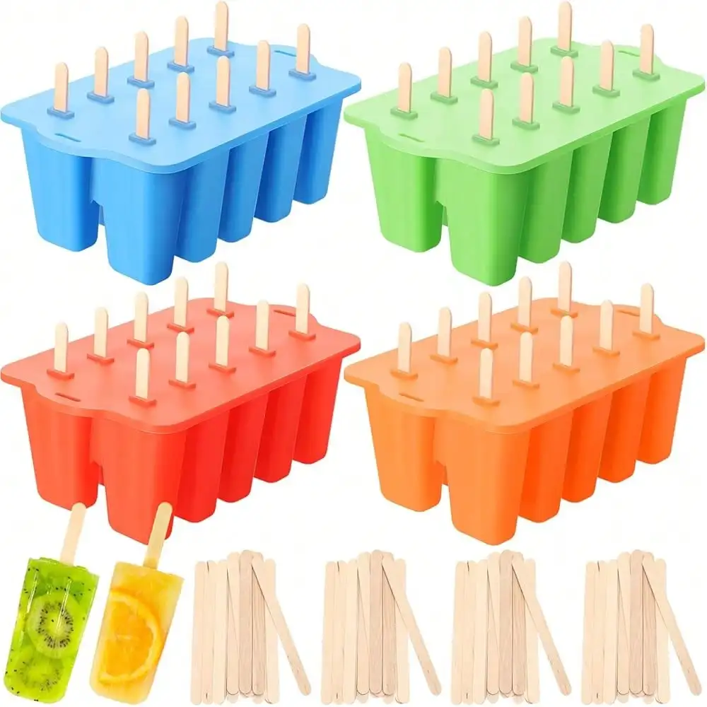 Ice Lolly Molds Set Include 4 Pcs Silicone Frozen Ice Cream Molds And 200 Pcs Ice Candy Maker Sticks For Homemade, Red, Blue, G Reen, Orange (10 Cavities)
Ice Lolly Molds Set Include 4 Pcs Silicone Frozen Ice Cream Molds And 200 Pcs Ice Candy Maker Sticks For Homemade, Red, Blue, G Reen, Orange (10 Cavities)