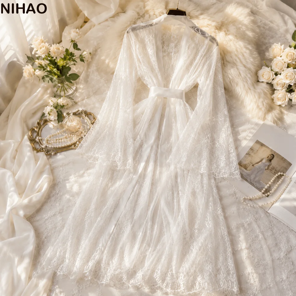 Long Sleeve Long Lace Robes Hollow Out Ultra-thin Lady Pajamas Nightdress Transparent Sheer Robes Dress Wedding Anniversary
Long Sleeve Long Lace Robes Hollow Out Ultra-thin Lady Pajamas Nightdress Transparent Sheer Robes Dress Wedding Anniversary