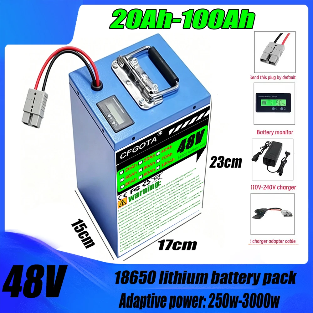 48V 20-100Ah Lithium E-Bike Battery Pack with 13S BMS 30A Protection for 48V 250W 500W 750W 3000W Electric Bicycle Motors
48V 20-100Ah Lithium E-Bike Battery Pack with 13S BMS 30A Protection for 48V 250W 500W 750W 3000W Electric Bicycle Motors