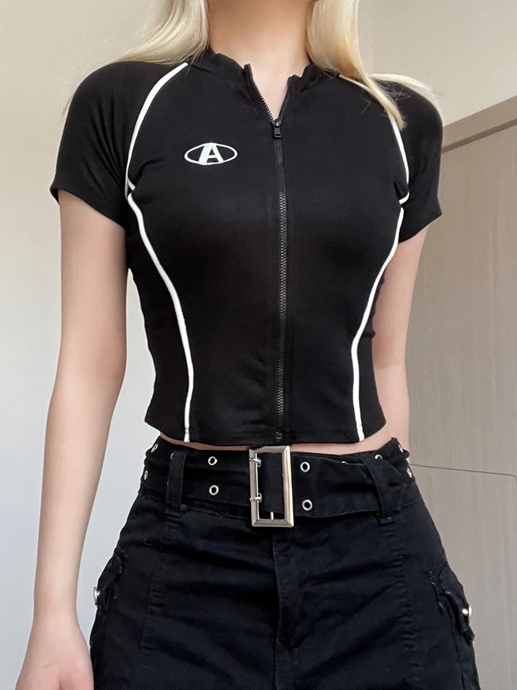 Stitched Zip Up Crop Top Punk Style Skinny Short Sleeve Cardigan T-shirts Harajuku Casual Women Streetwear Goth y2k Tees
Stitched Zip Up Crop Top Punk Style Skinny Short Sleeve Cardigan T-shirts Harajuku Casual Women Streetwear Goth y2k Tees
