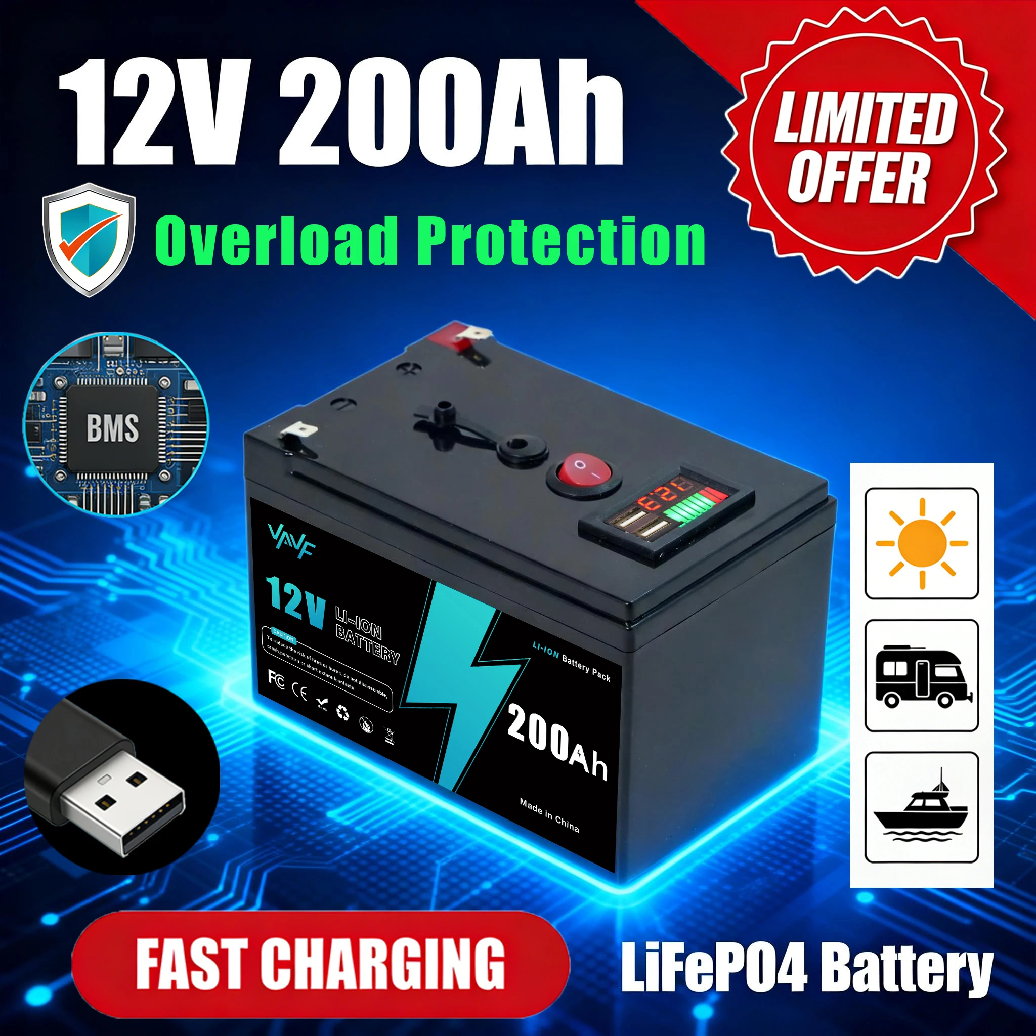 12v Rechargeable Battery200AH Lithium Iron Phosphate Batterywith BMS for Reliable RV, Off-Grid, Marine&Solar Applications
12v Rechargeable Battery200AH Lithium Iron Phosphate Batterywith BMS for Reliable RV, Off-Grid, Marine&Solar Applications
